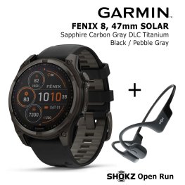 GARMIN Fenix 8 47 mm, Solar, Sapphire Carbon + SHOKZ Open Run Black sportinis laikrodis