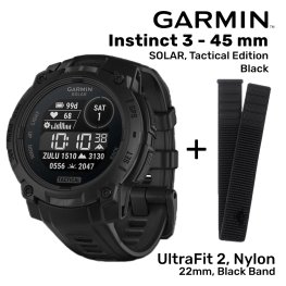 GARMIN Instinct 3 - 45 mm, Solar, Tactical Black + UltraFit 2, Nylon, 22mm, Black Band sportinis laikrodis
