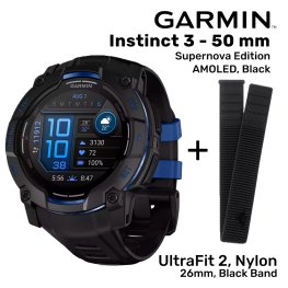 GARMIN Instinct 3 – 50 mm, Supernova Edition, AMOLED, Black + UltraFit 2, Nylon, 26mm, Black Band sportinis laikrodis