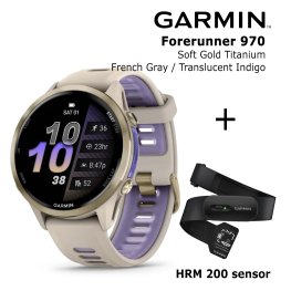 GARMIN Forerunner 970, Soft Gold Titanium, French Gray/Translucent Indigo + HRM 200 sportinis laikrodis