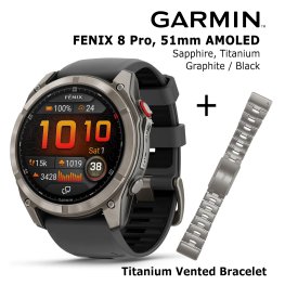 GARMIN fēnix® 8 Pro – 51 mm, AMOLED, Sapphire, Ti + 26mm Titanium Vented Bracelet sportinis laikrodis