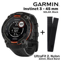GARMIN Garmin Instinct 3 - 45 mm, Solar, Black + UltraFit 2, Nylon, 22mm, Black Band sportinis laikrodis