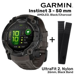 GARMIN Instinct 3 - 50 mm, AMOLED, Black/Charcoal + UltraFit 2, Nylon, 26mm, Black sportinis laikrodis