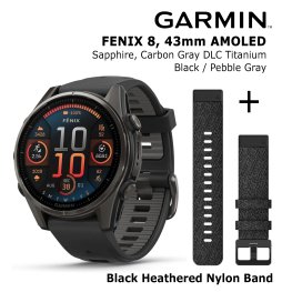 GARMIN Fenix 8 43 mm, AMOLED, Sapphire Carbon + Black Heathered Nylon Band sportinis laikrodis