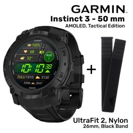GARMIN Instinct 3 – 50 mm, AMOLED, Tactical Edition + UltraFit 2, Nylon, 26mm, Black Band sportinis laikrodis