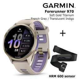 GARMIN Forerunner 970, Soft Gold Titanium, French Gray/Translucent Indigo + HRM 600 sportinis laikrodis