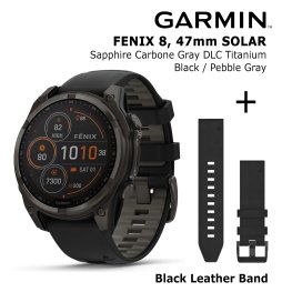 GARMIN Fenix 8 47 mm, Solar, Sapphire Carbon + Black Leather Watch Band, QuickFit 22mm sportinis laikrodis