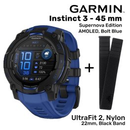 GARMIN Instinct 3 – 45 mm, Supernova, AMOLED, Bolt blue + UltraFit 2, Nylon, 22mm, Black Band sportinis laikrodis