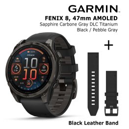 GARMIN Fenix 8 47 mm, AMOLED, Sapphire Carbon + Black Leather Watch Band, QuickFit 22mm sportinis laikrodis