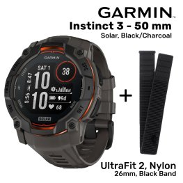 GARMIN Instinct 3 - 50 mm, Solar, Black/Charcoal + Garmin UltraFit 2, Nylon, 26mm, Black B sportinis laikrodis