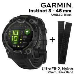 GARMIN Instinct 3 - 45 mm, AMOLED, Black + UltraFit 2, Nylon, 22mm, Black Band sportinis laikrodis