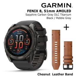 GARMIN Fenix 8 51 mm, AMOLED, Sapphire Carbon + Chestnut Leather Band sportinis laikrodis