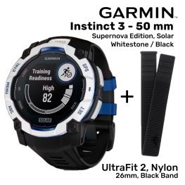 GARMIN Instinct 3 – 50 mm, Supernova Edition, Solar, Whitestone + UltraFit 2, Nylon, 26mm, Black sportinis laikrodis
