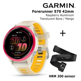 GARMIN Forerunner 570 - 42mm, Raspberry Aluminium with Translucent Bone/Mango + HRM 200 sportinis laikrodis